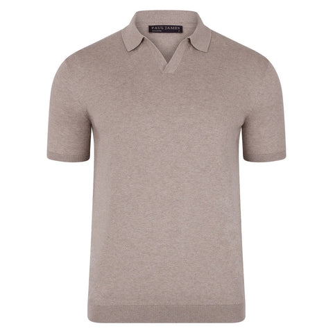 Mens Ultra Fine Cotton Buttonless Polo Shirt Fawn-Polo Shirt-Paul James Knitwear-S-Fawn-Urbanheer