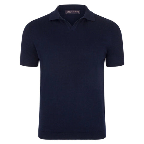 Mens Ultra Fine Cotton Buttonless Polo Shirt Navy-Polo Shirt-Paul James Knitwear-S-Navy-Urbanheer