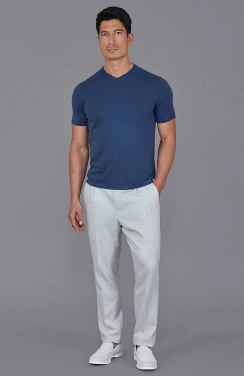 Mens Ultra Fine Cotton High V Neck Knitted T-Shirt Blue Melange-T-Shirt-Paul James Knitwear-S-Blue Melange-Urbanheer