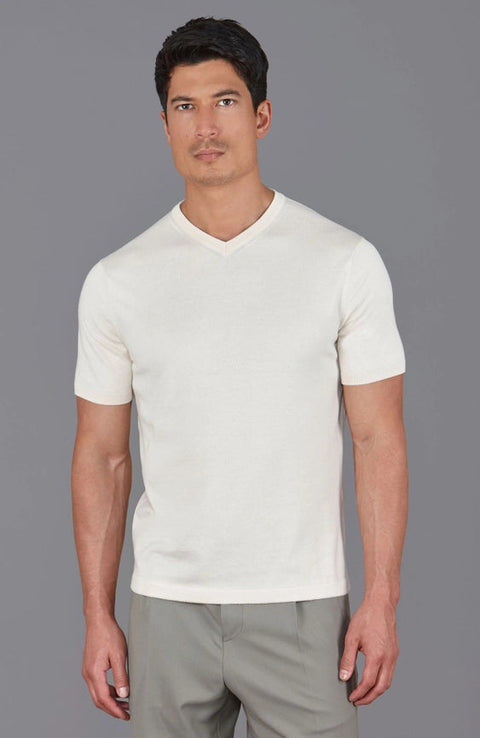 Mens Ultra Fine Cotton High V Neck Knitted T-Shirt Ecru-T-Shirt-Paul James Knitwear-S-Ecru-Urbanheer