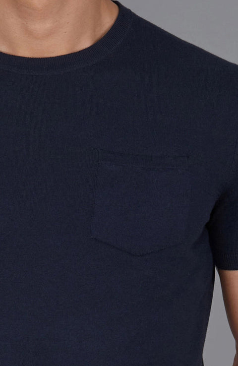 Mens Ultra Fine Cotton Knitted Pocket T-Shirt Navy-T-Shirt-Paul James Knitwear-S-Navy-Urbanheer