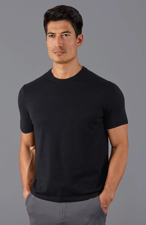 Mens Ultra Fine Cotton Knitted T-Shirt Black-T-Shirt-Paul James Knitwear-XS-Black-Urbanheer