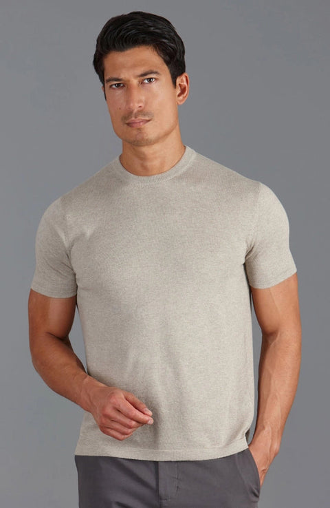 Mens Ultra Fine Cotton Knitted T-Shirt Fawn-T-Shirt-Paul James Knitwear-S-Fawn-Urbanheer