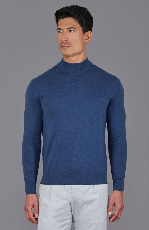 Mens Ultra Fine Cotton Mock Turtle Neck Jumper Blue Melange-Jumper-Paul James Knitwear-S-Urbanheer