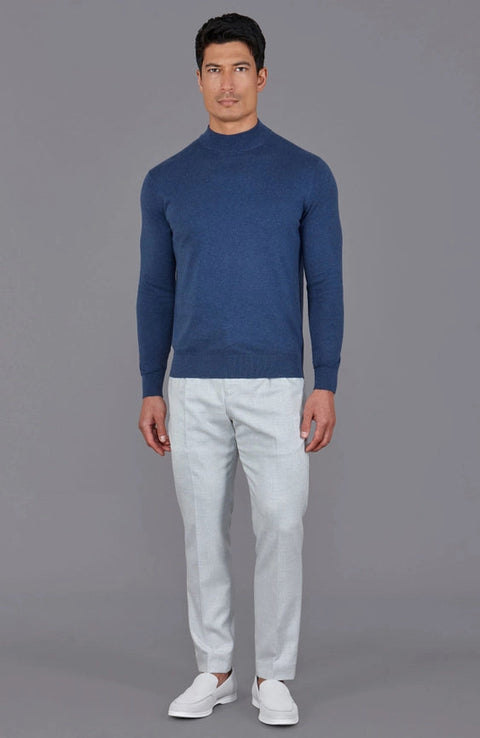 Mens Ultra Fine Cotton Mock Turtle Neck Jumper Blue Melange-Jumper-Paul James Knitwear-S-Urbanheer