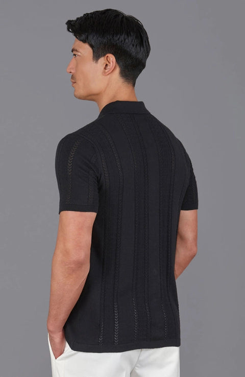 Mens Ultra Fine Cotton Open Knit Cuban Collar Shirt Black-Shirts-Paul James Knitwear-S-Urbanheer