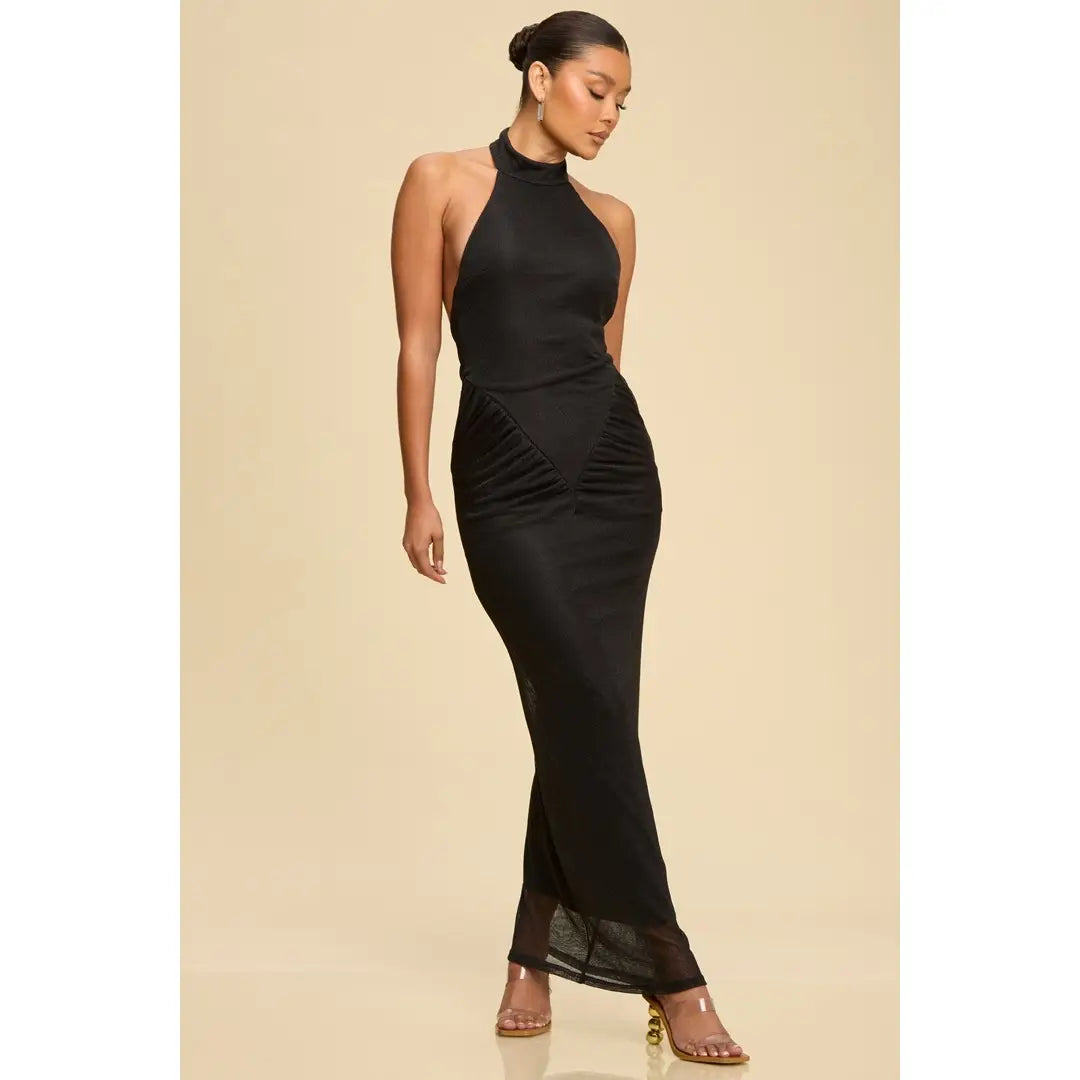 Metallic Knit Halter Maxi Dress from Luxxel exclusive at Urbanheer. Metallic Knit Halter Maxi Dress from Luxxel exclusive at Urbanheer.
