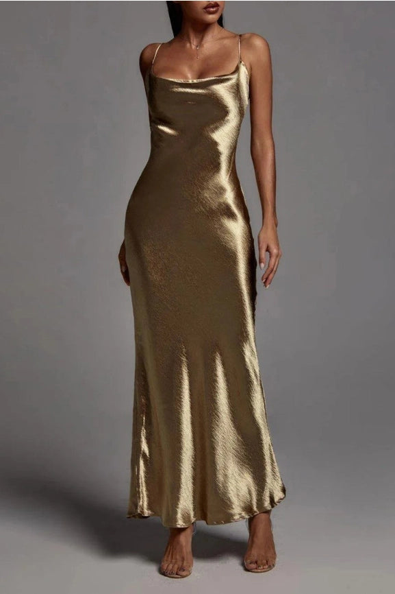 Metallic Satin Sexy Open Back Cowl Slip Maxi Dress gold from Rosa Urbanheer Metallic Satin Sexy Open Back Cowl Slip Maxi Dress gold from Rosa Urbanheer