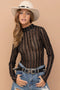 Metallic Star Stripe Mesh Mock Neck Top Black-TOP-Blue B-S-Urbanheer