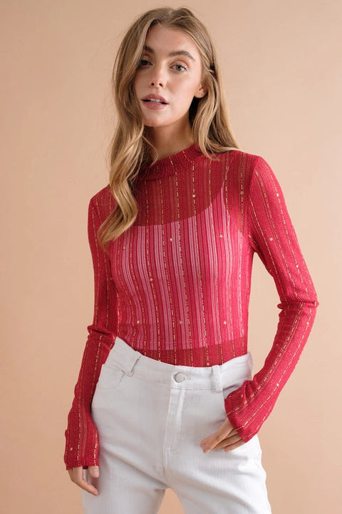 Metallic Star Stripe Mesh Mock Neck Top Red-TOP-Blue B-S-Urbanheer