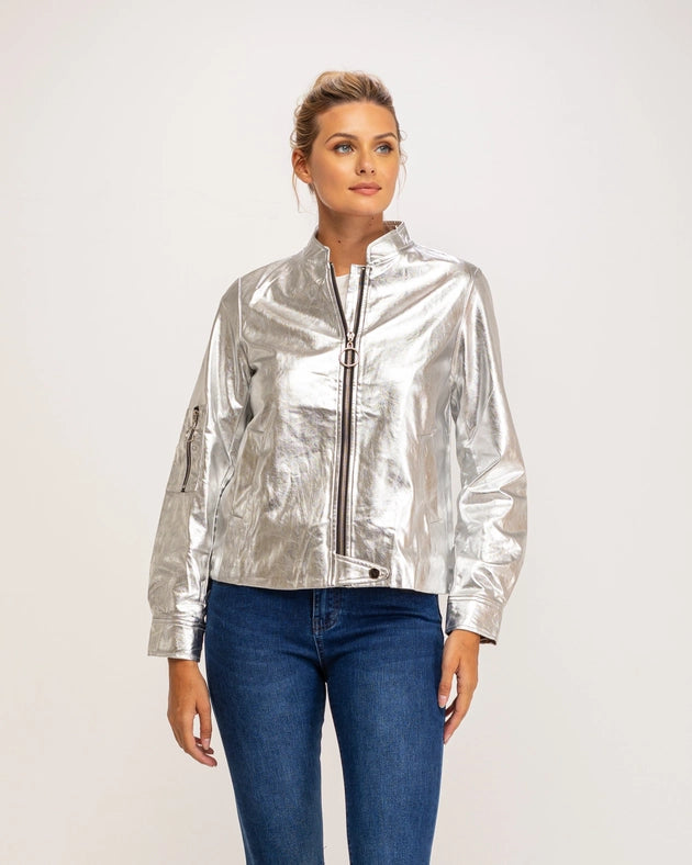 Metallic faux leather bomber jacket with zipper SILVER from Tantra