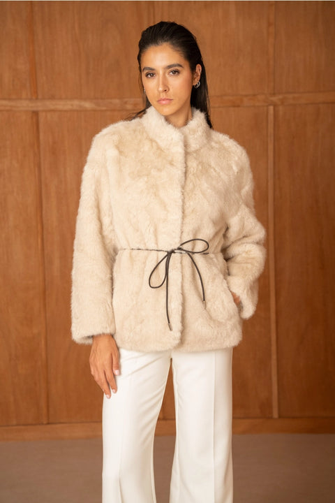 Mid-Length Belted Jacket with A High Faux-Fur Collar