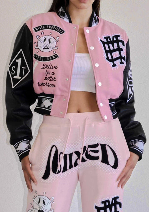Mixed Emotions Multi Patches Varsity Jacket-Jacket-First Row-S-Pink-Urbanheer