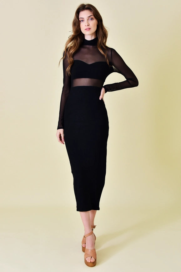 Mock Neck Mesh Cut Out Thigh Slit Ankle Dress Black from Fore Urbanheer Mock Neck Mesh Cut Out Thigh Slit Ankle Dress Black from Fore Urbanheer
