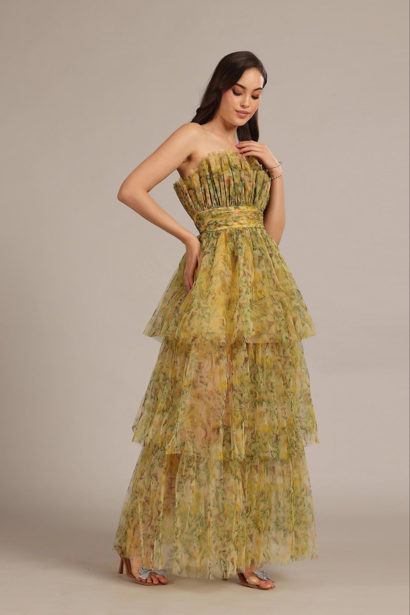 Natalia Tulle Maxi Dress in Yellow Floral from Lace & Beads exclusive Urbanheer Natalia Tulle Maxi Dress in Yellow Floral from Lace & Beads exclusive Urbanheer