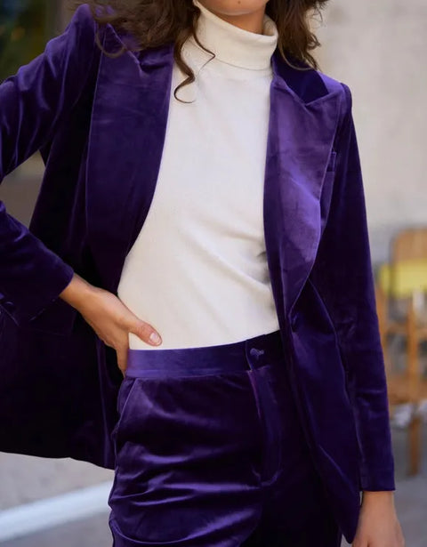 One Button Plain Velvet Fitted Jacket Purple-Jacket-Attentif Paris-S-Urbanheer