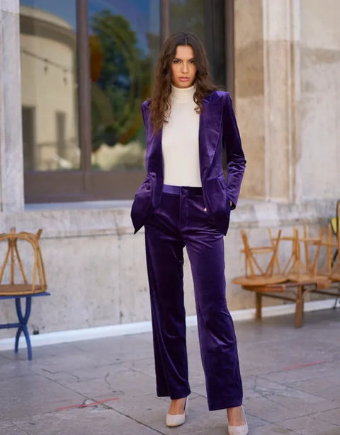 One Button Plain Velvet Fitted Jacket Purple-Jacket-Attentif Paris-S-Urbanheer