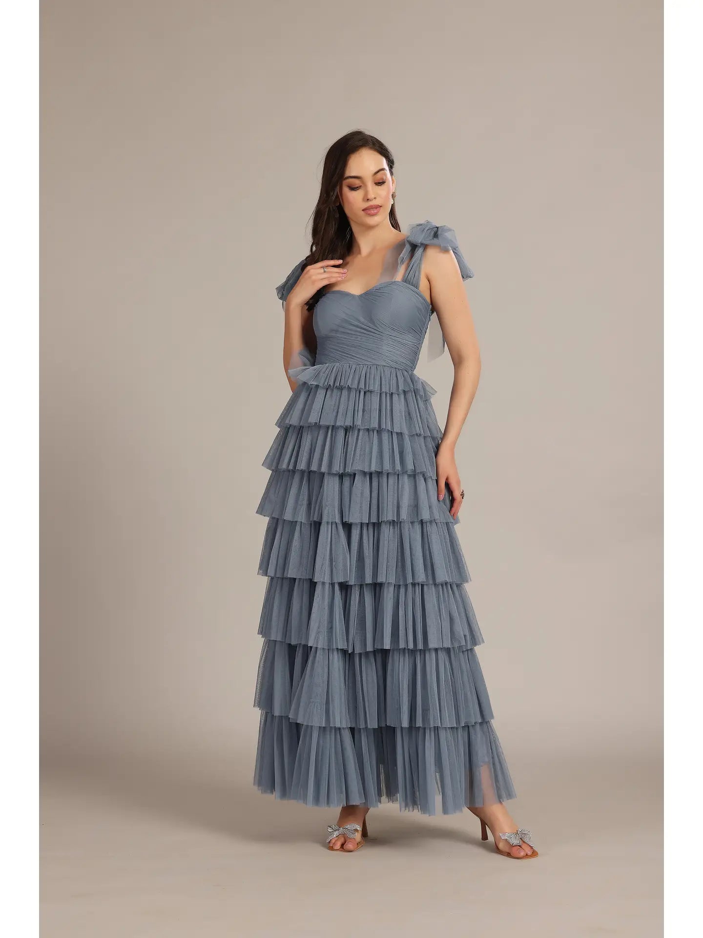 Lace & Beads bow shoulder tiered tulle maxi dress in Dusty Blue Lace & Beads bow shoulder tiered tulle maxi dress in Dusty Blue