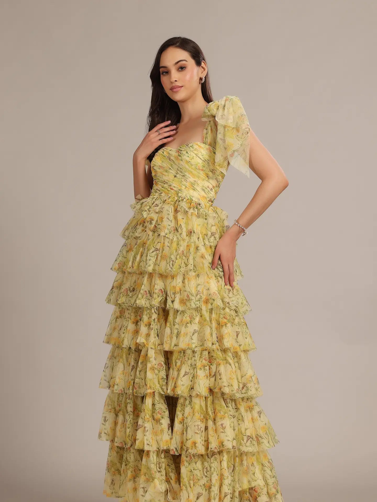 Lace & Beads Bow Shoulder Tiered Tulle Maxi Dress in Yellow Floral