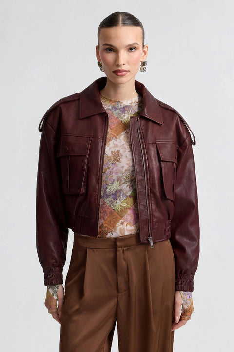 Oversized Strong Shoulder Faux Leather Bomber Jacket