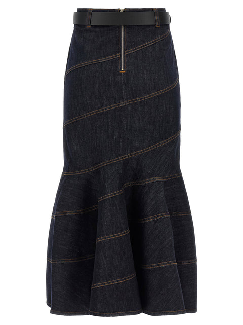 Self-Portrait Indigo Denim Belted Midi Skirt
