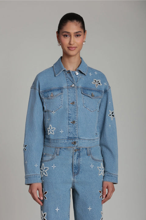 Pearl Fleur Embellished Stretch Denim Jacket