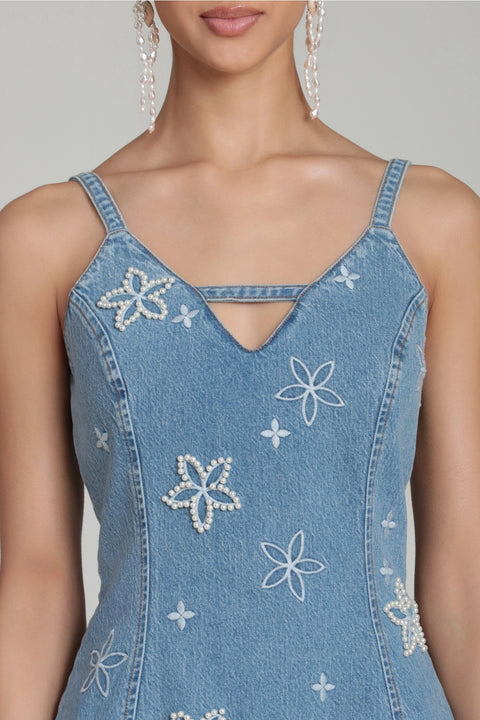 Pearl Fleur Embellished Stretch Denim Mini Dress
