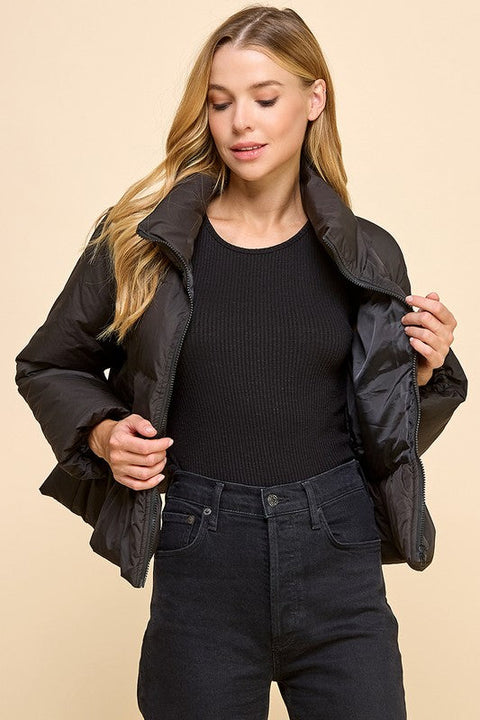 Peplum Bubbled Hem Puffer Jacket-Puffer Jacket-TCEC-S-Black-Urbanheer