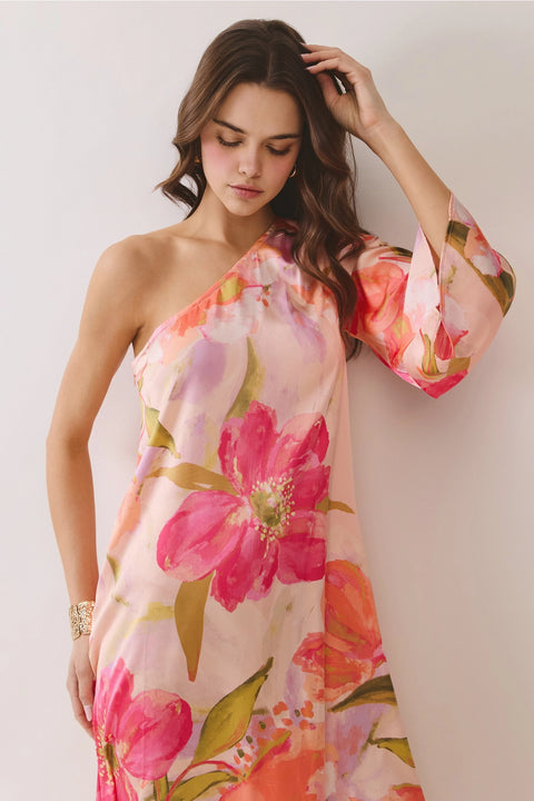 Pink Floral Print One Shoulder Maxi Dress