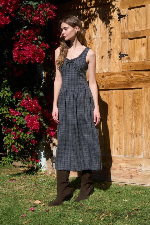 Plaid Low Waist Scoop Neck Midi Dress