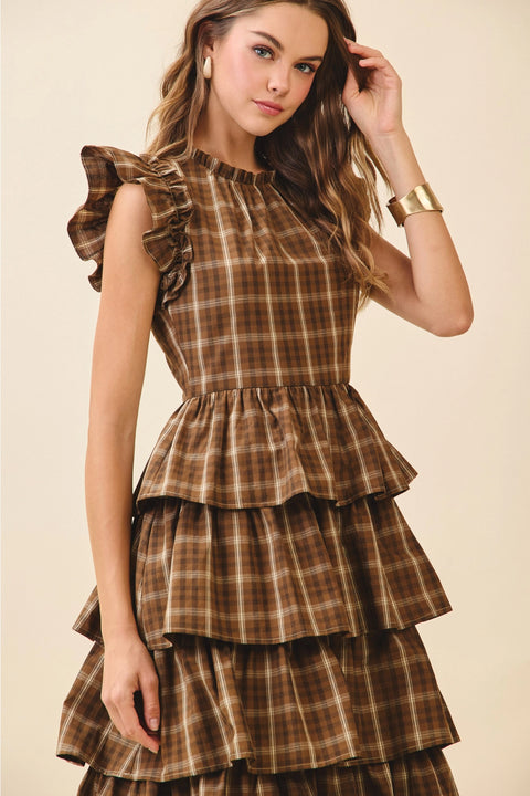 Plaid Round Neck Ruffled Cap Sleeves Midi Dress