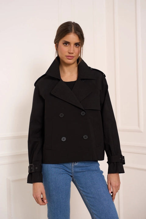 Plain Cropped Cotton Trench Coat Black-COAT-Attentif Paris-S-Urbanheer