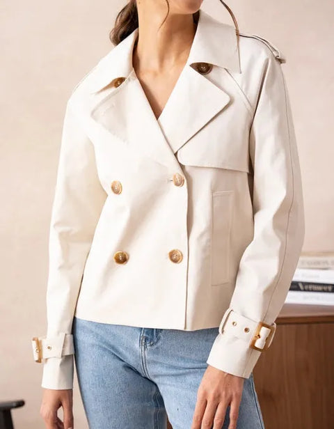 Plain Cropped Cotton Trench Coat White-COAT-Attentif Paris-S-Urbanheer