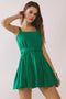 Pleated Bodice Square Neck Matching Belt Dress