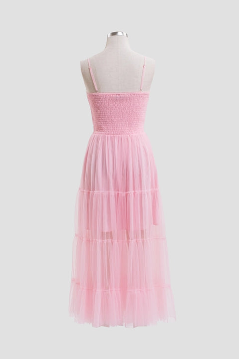 Pleated Tulle Semi-Sheer Tiered Dress PINK-Dress-Moon River-XS-PINK-Urbanheer