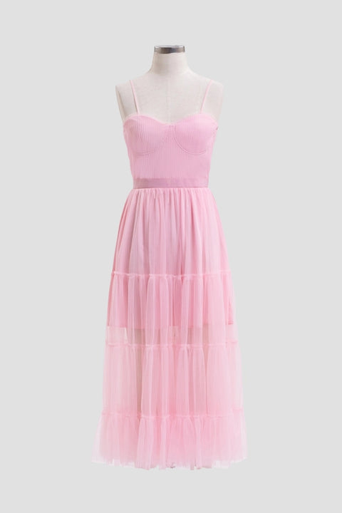 Pleated Tulle Semi-Sheer Tiered Dress PINK-Dress-Moon River-XS-PINK-Urbanheer