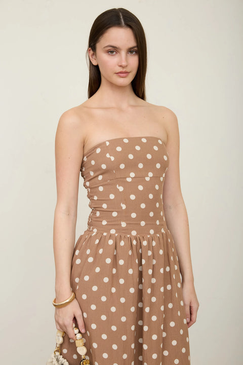 Polka Dot Strapless Midi Dress