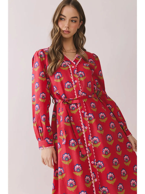 Printed Long Sleeve Button Down Midi Dress