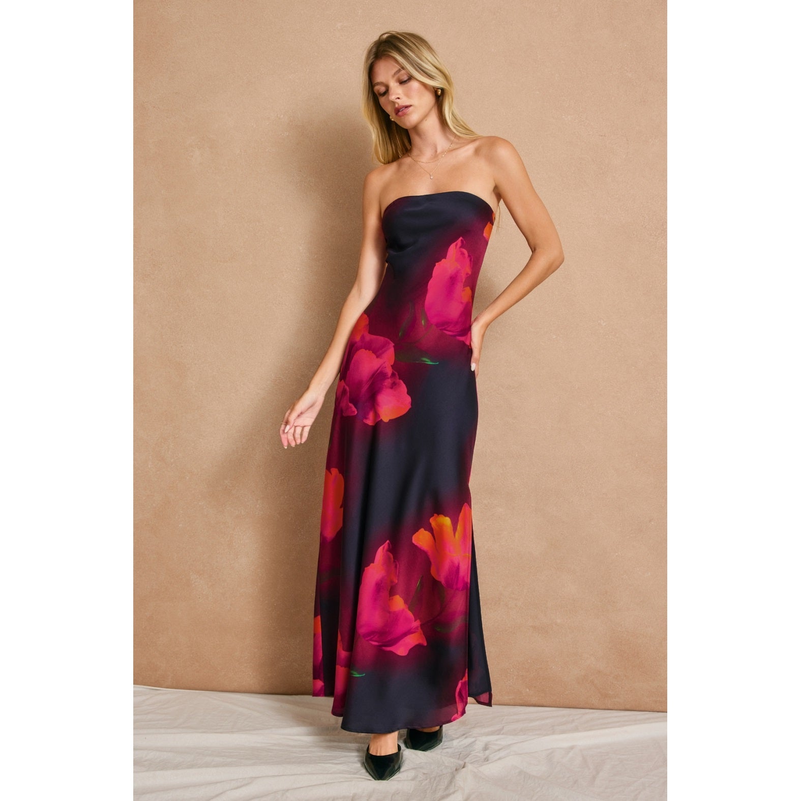 Prism Bloom Strapless Bias Cut Maxi Dress