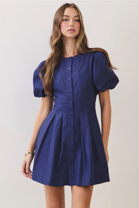 Puff Sleeve Pleated Mini Dress