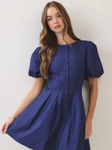 Puff Sleeve Pleated Mini Dress