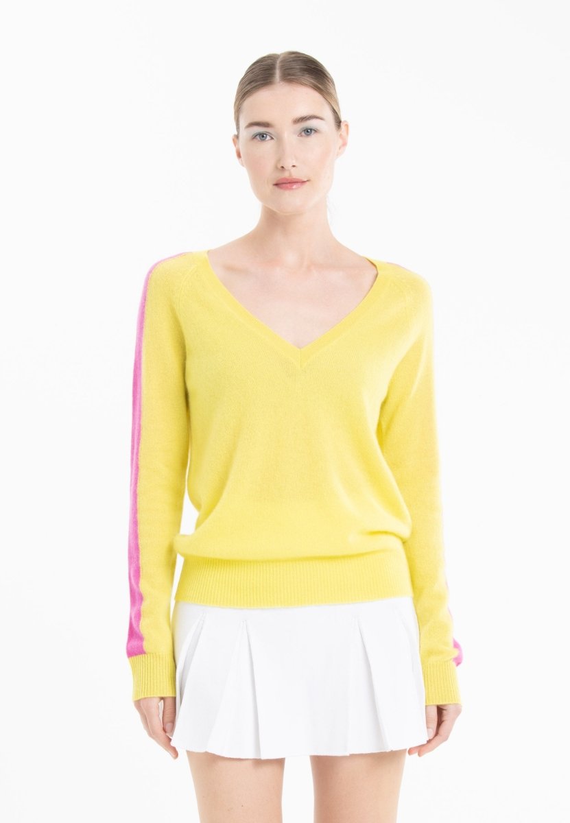 Pull col V en cachemire jaune fluo/ rose barbie femme RIA from