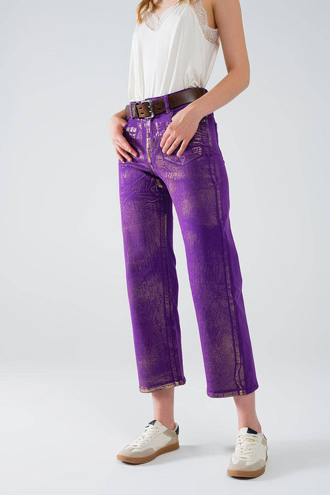 Q2 - Purple Wide Leg Jeans With Metallic Finish In Gold-Fashion-Q2-Purple-Large-Urbanheer