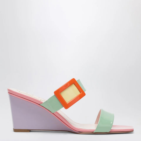 ROGER VIVIER Belle Vivier wedge mules in green/purple patent leather