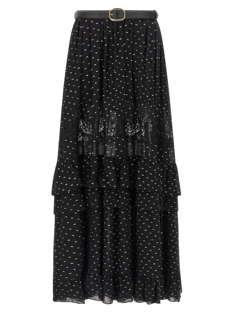 Self-Portrait Black And Gold Chiffon Lace Maxi Skirt