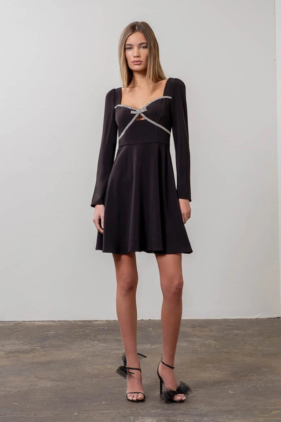 MOON RIVER Rhinestone Bow Long Sleeve Fit & Flare Minidress in Black at Nordstrom, Size Medium