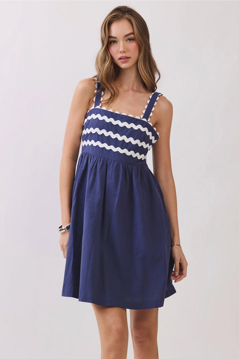 Ric Rac Trim Back Smocked Detail Mini Dress