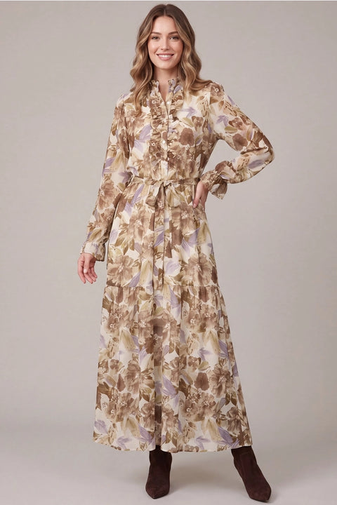 Ruffle Neck Floral Print Woven Maxi Dress