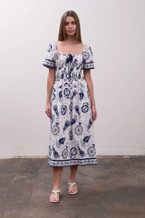 Sailor Print Front Tie Short Sleeve Midi Dress-Dress-Moon River-XS-IVORY MULTI-Urbanheer