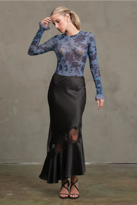 Satin Bias Lace Panel Skirt